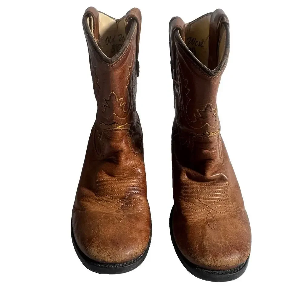 Old West Toddler Cowboy Boots Brown Leather Western Round Toe Size 9 Approx